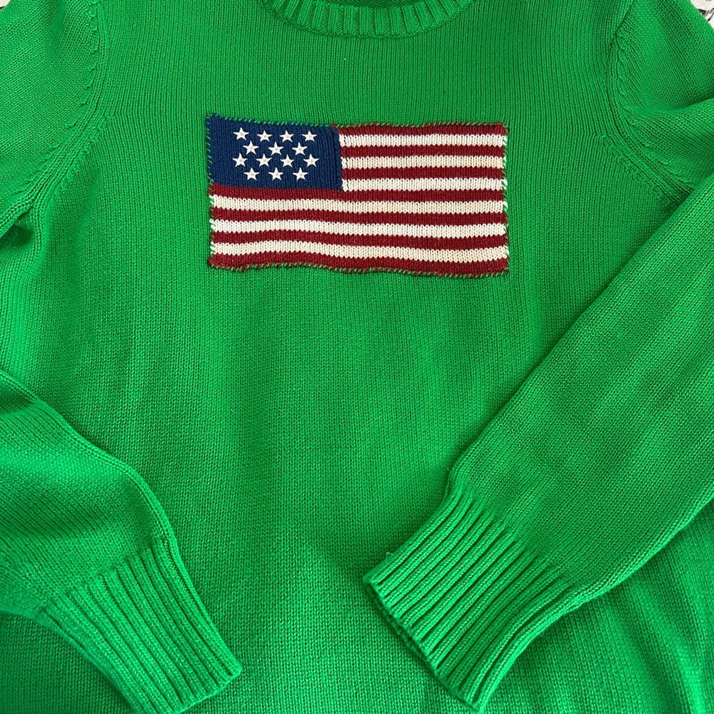 Ralph Lauren Green Crew Neck Sweater with American Flag